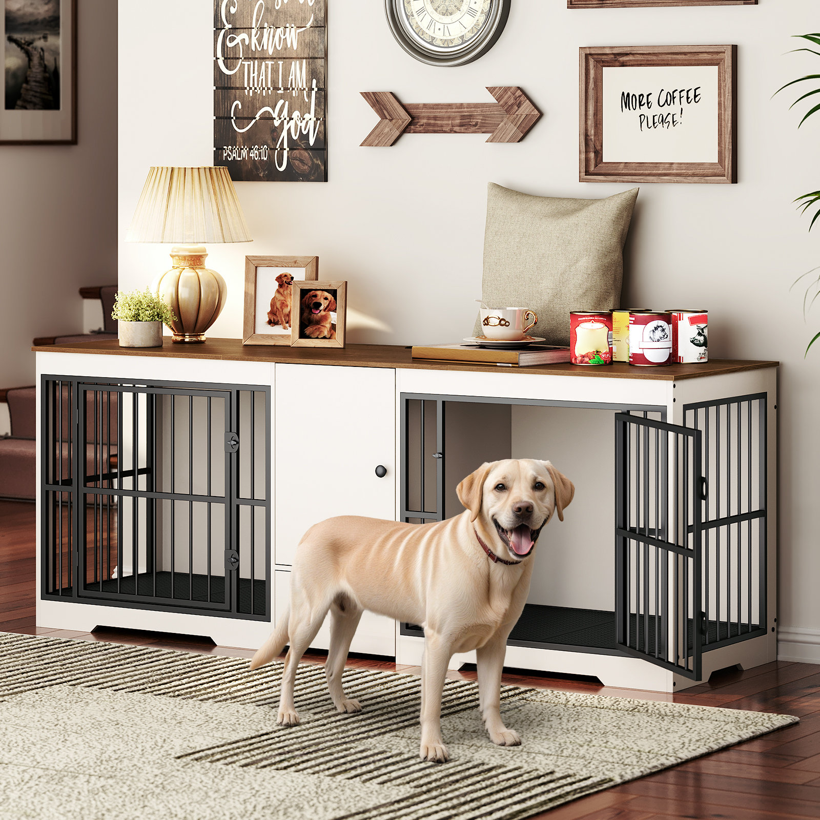 Tucker Murphy Pet 72.8 Inch Dog Crate Furniture For 2 Dogs Farmhouse Double Dog Cage Furniture With Storage Cabinet And Drawer Wooden Dog Kennel Tv Stand With Power Outlet Reviews Wayfair